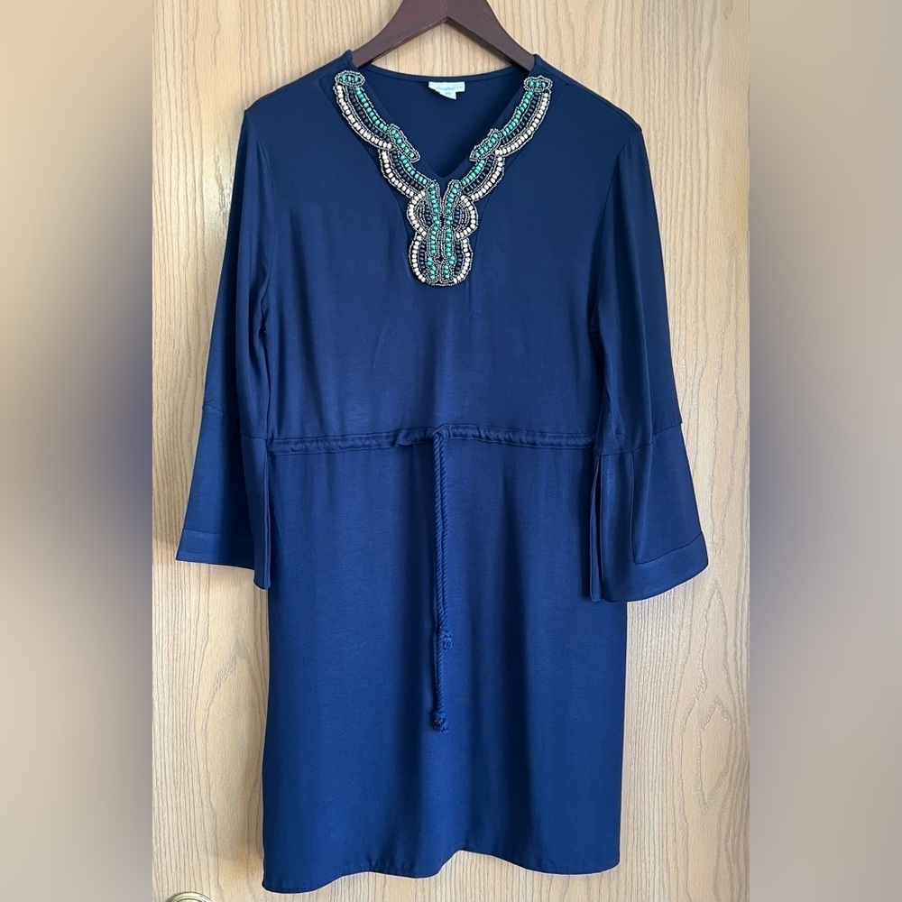 CABANA LIFE | Women’s SZ XS | Blue Beaded V Neck Cover Up Dress Resort Wear